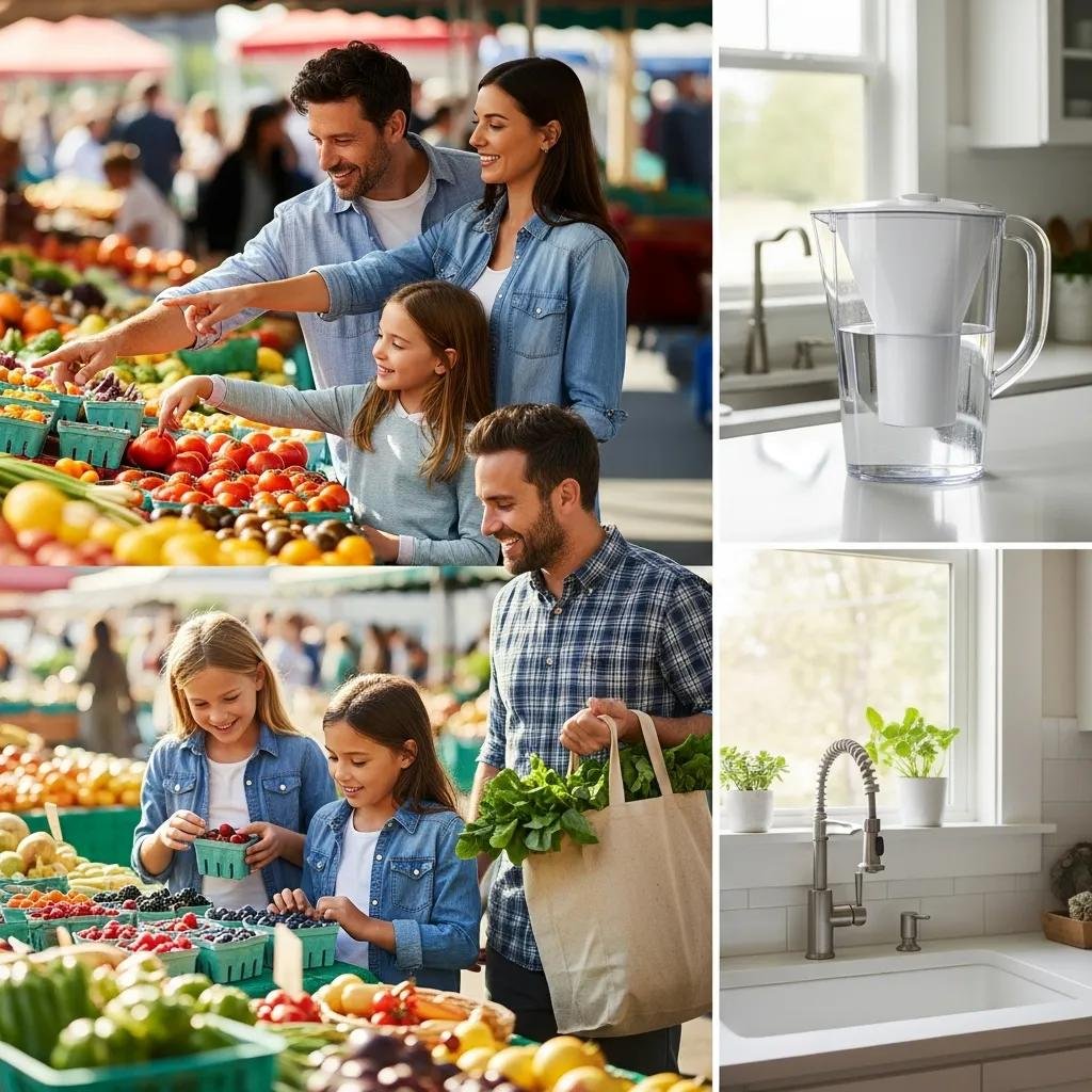 Family shopping for fresh produce at a farmer's market, selecting fruits and vegetables, alongside a pitcher of filtered water and potted herbs in a kitchen setting, emphasizing healthy food choices and reducing chemical exposure.