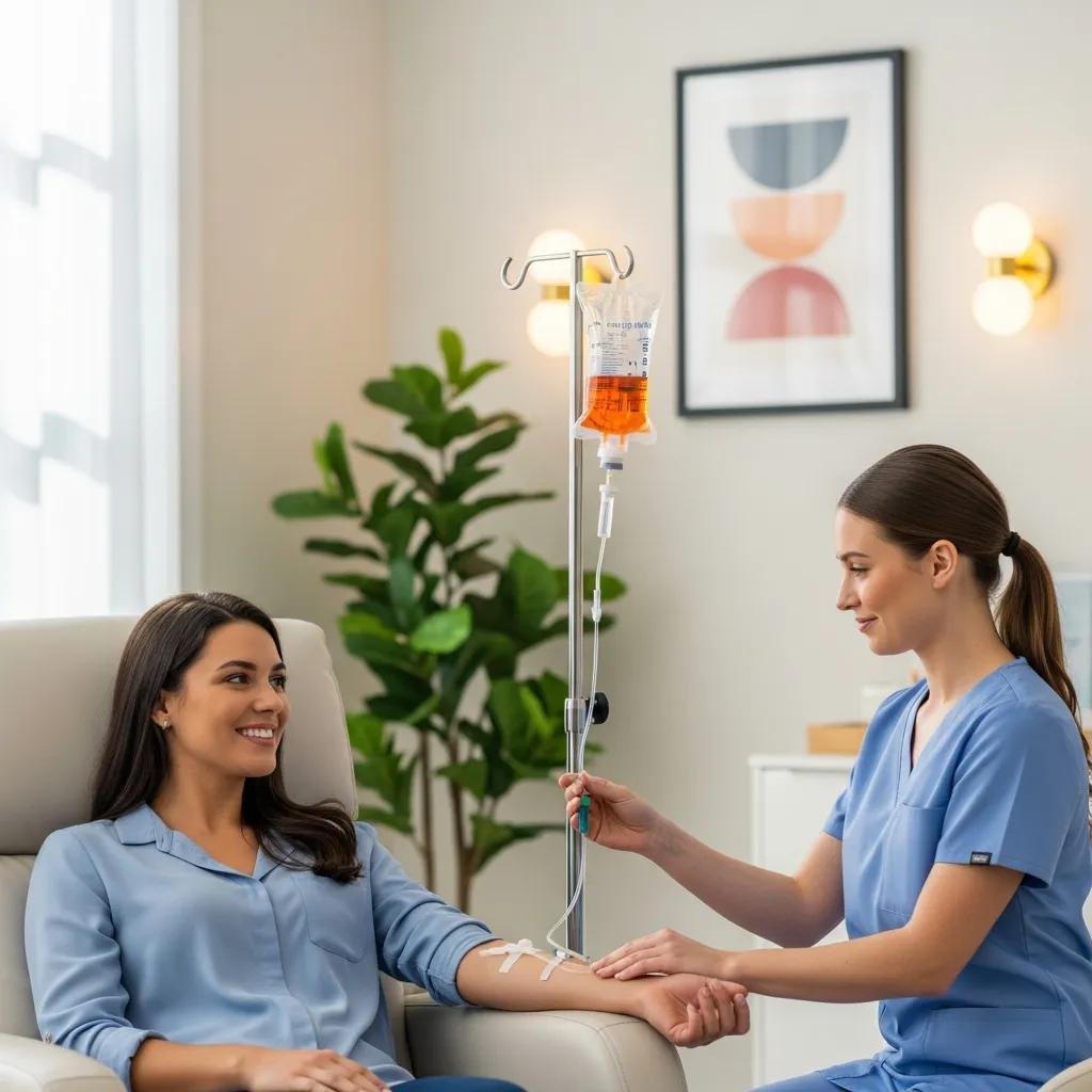 Healthcare professional administering an Energy & Performance IV drip in a wellness clinic, emphasizing vitality and recovery