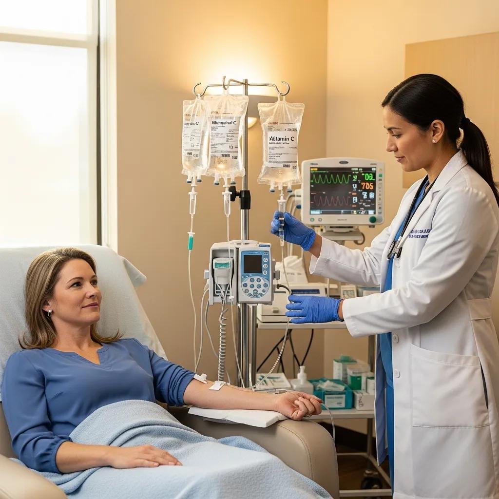 Healthcare professional administering high-dose IV vitamin C therapy to a patient, showcasing the infusion setup with IV bags labeled "Vitamin C" and monitoring equipment, emphasizing immune support and antioxidant benefits.