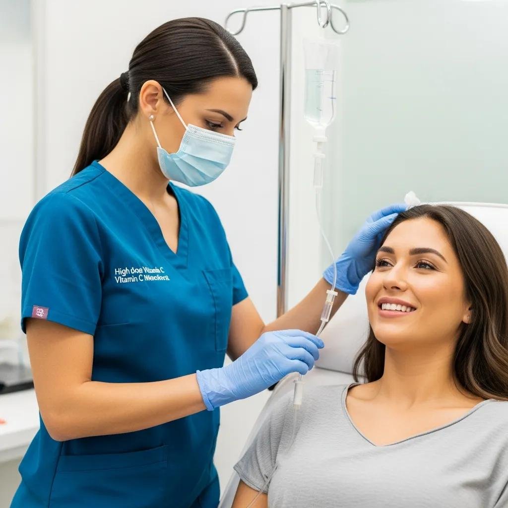 Healthcare professional administering high-dose vitamin C IV therapy to a patient, emphasizing care and clinical support