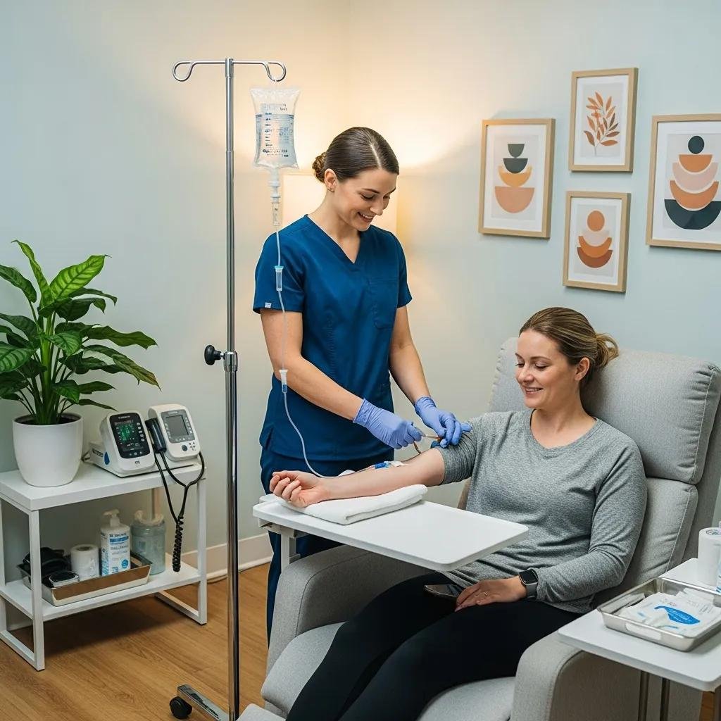Healthcare professional administering IV vitamin drip in a modern clinic setting