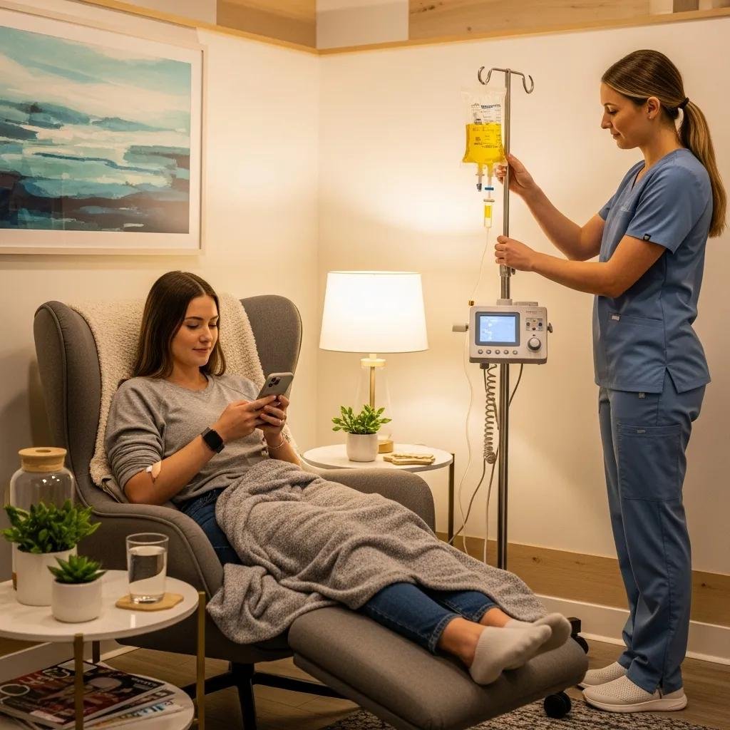 Healthcare professional administering IV vitamin drip in a serene clinic environment