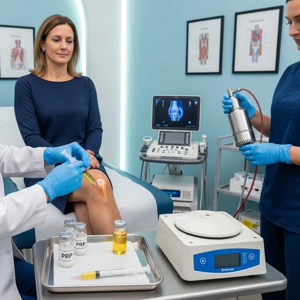 Healthcare professional administering platelet-rich plasma (PRP) injection to a patient's knee in a clinical setting, with treatment equipment and biologic materials visible.