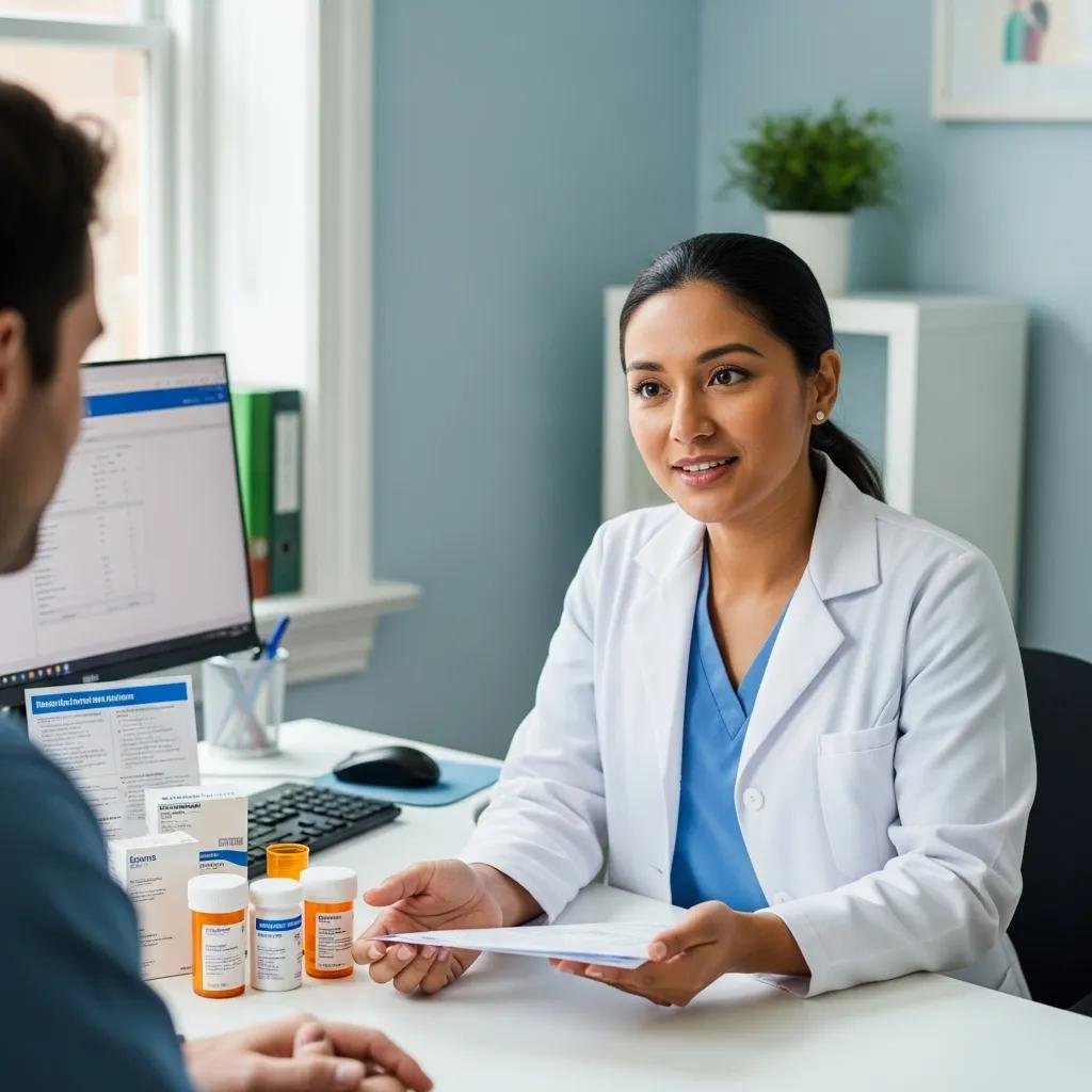 Healthcare professional consulting with a patient about medication optimization, discussing pharmacogenomics and personalized treatment plans, with prescription bottles and a computer on the desk.
