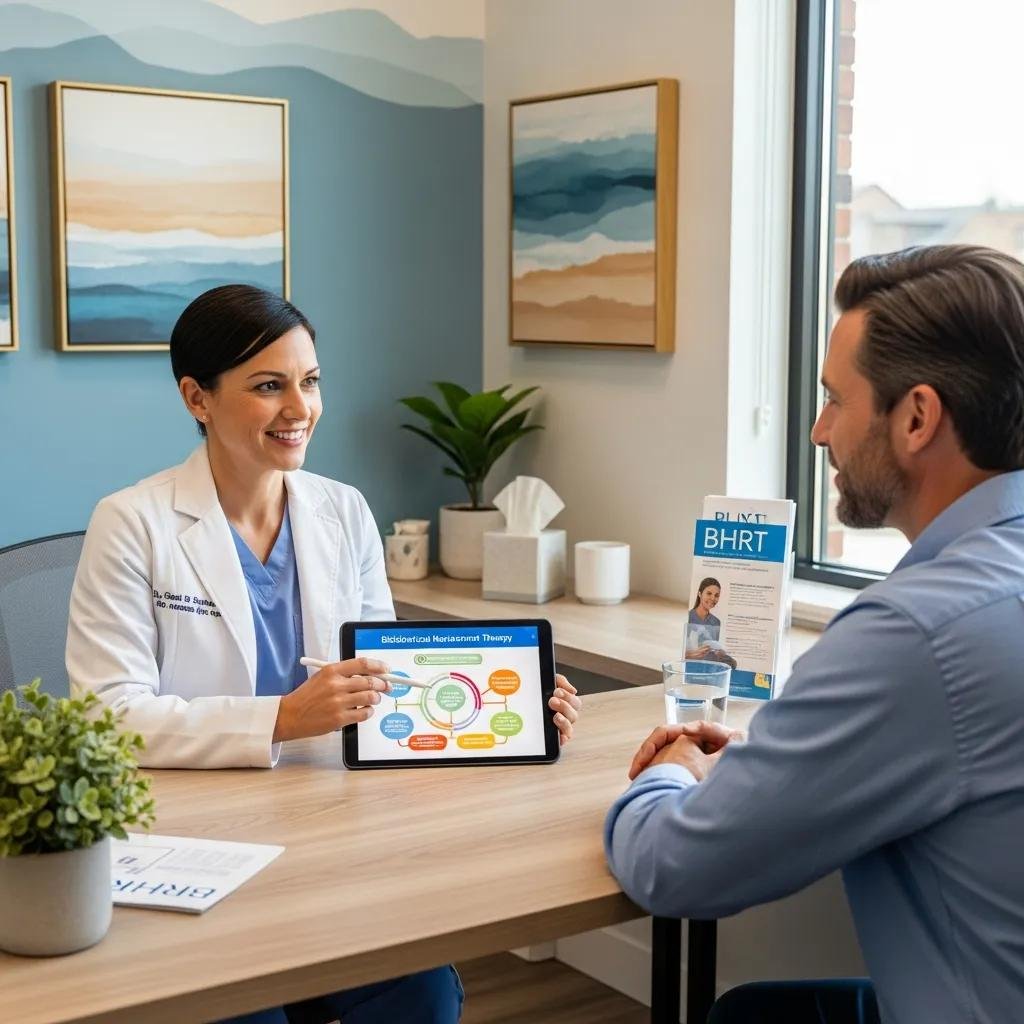 Healthcare professional consulting with male patient about bioidentical hormone replacement therapy (BHRT) options, displaying a diagram on a tablet in a modern clinic setting.
