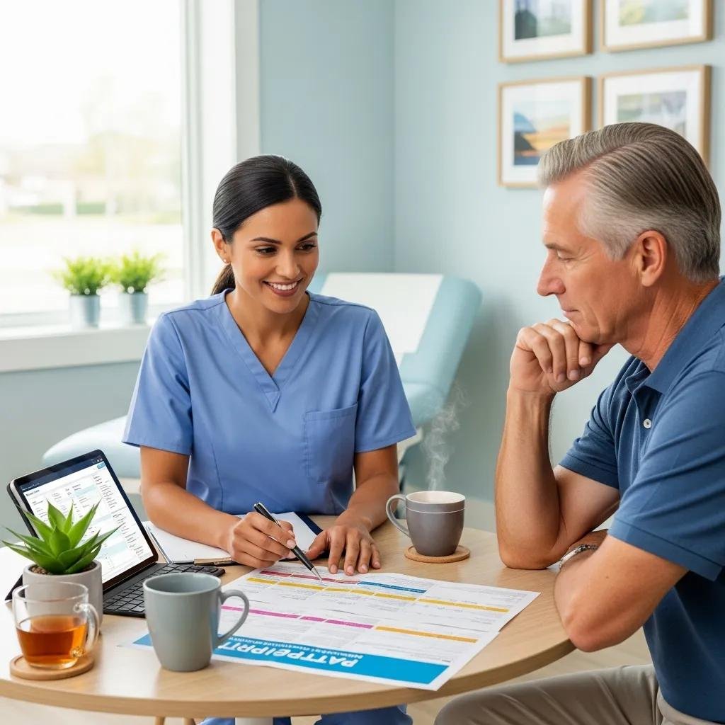 Healthcare professional discussing advanced functional lab testing with a patient in a welcoming clinic