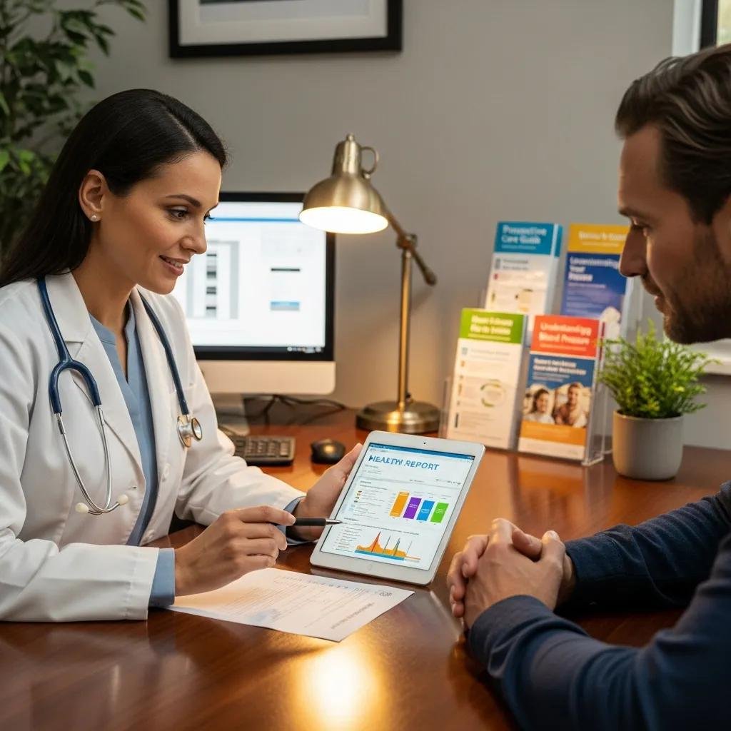 Healthcare professional discussing health report with a patient in a cozy office, reviewing health metrics on a tablet, emphasizing preventive care and annual check-ups.