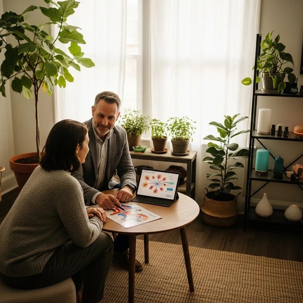 Clinician reviewing integrative medicine options with a patient in a calm exam room