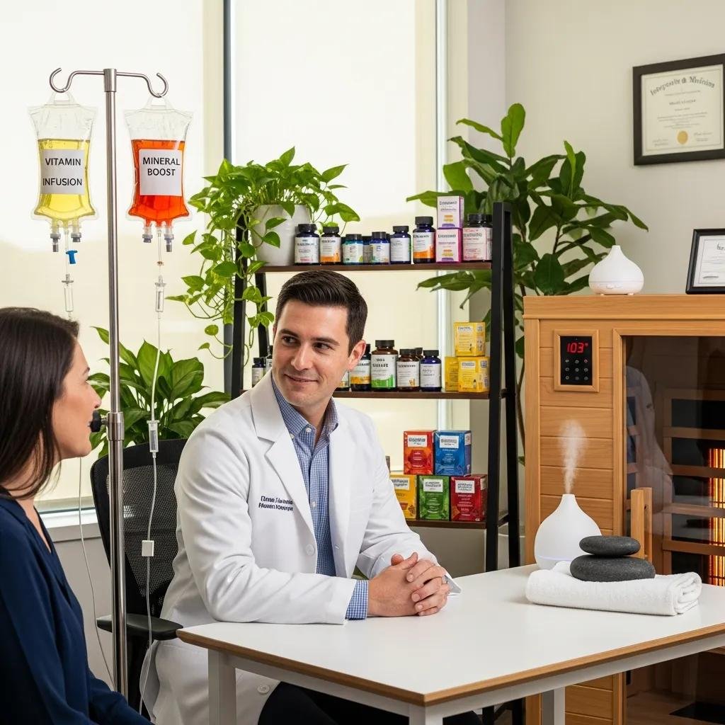 Clinician reviewing integrative treatment options with a patient, illustrating personalized care for chronic fatigue