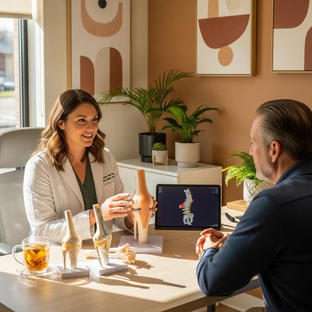 Healthcare professional discussing regenerative treatments for osteoarthritis with a patient in a modern clinic