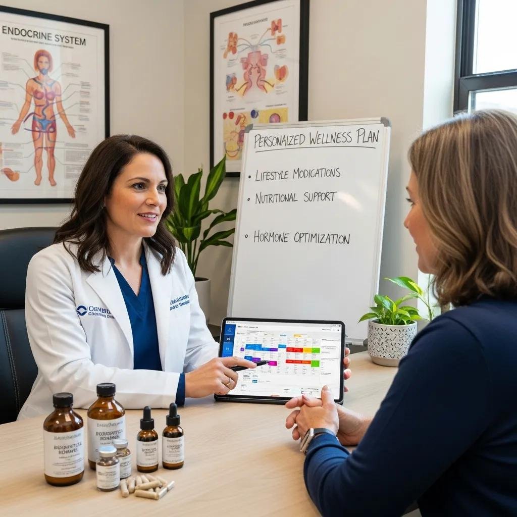 Healthcare professional discussing personalized wellness plan with patient, highlighting lifestyle modifications, nutritional support, and hormone optimization, with hormone therapy products displayed on the table.