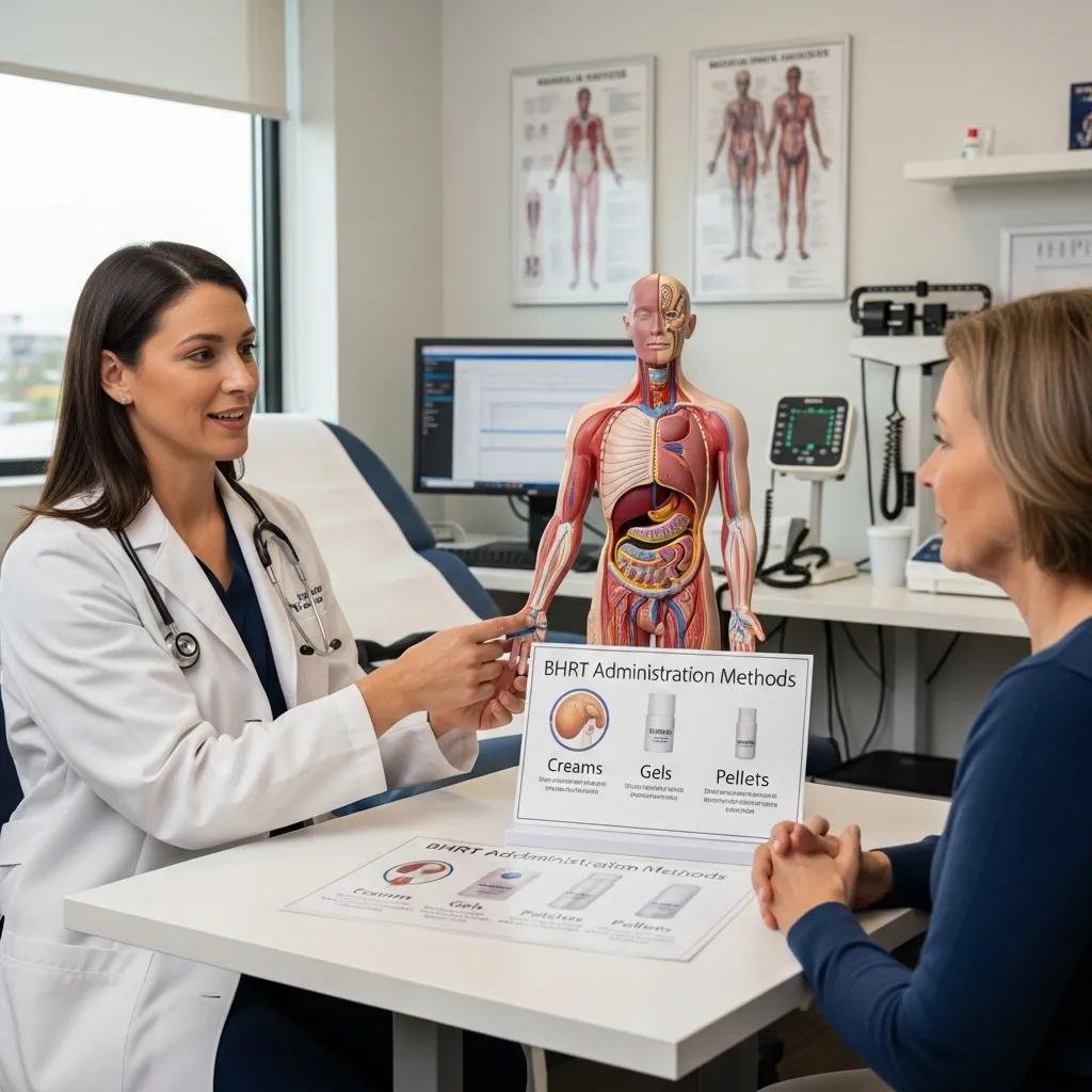 Healthcare professional explaining bioidentical hormone therapy (BHRT) administration methods to a patient, with anatomical model and informational display featuring creams, gels, and pellets for treatment options.