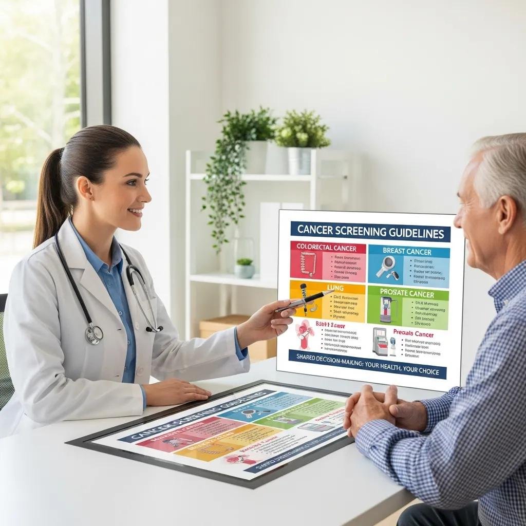 Clinician reviewing screening recommendations with a patient, emphasizing shared decision-making