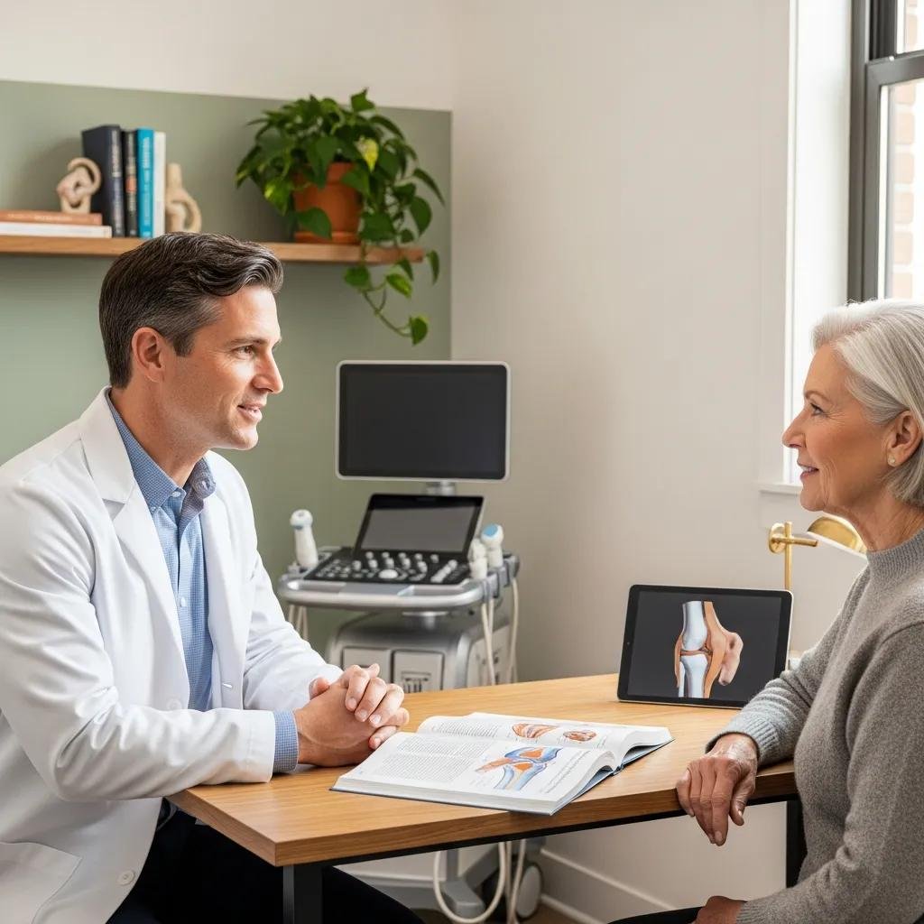 Healthcare professional explaining regenerative joint therapies to a patient in a clinical setting