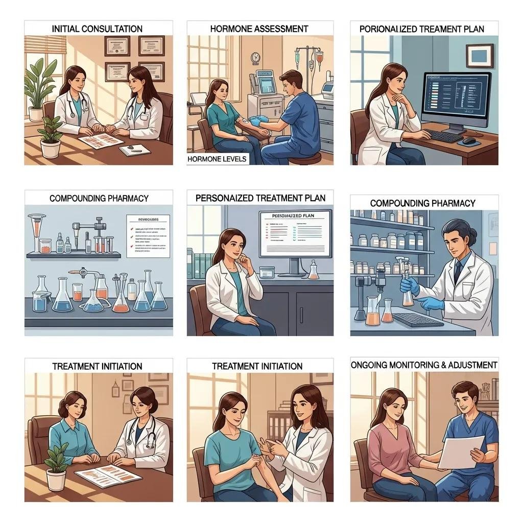 Healthcare professional explaining bioidentical hormone replacement therapy (BHRT) process to a patient in a welcoming clinic setting, emphasizing personalized treatment plans and patient-centered care.