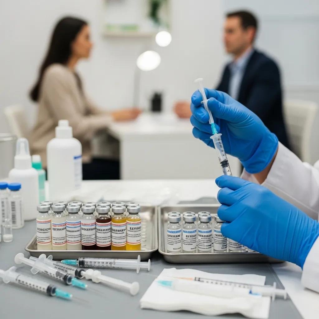 Healthcare professional preparing bioidentical hormone therapy with syringes and vials in a clinical setting, emphasizing personalized anti-aging treatment.