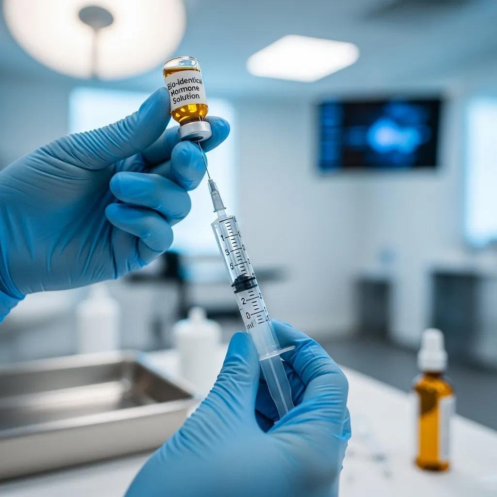 Healthcare professional preparing bioidentical hormone therapy injection with vial labeled 'Bio-Identical Hormone Solution' in a clinical setting.