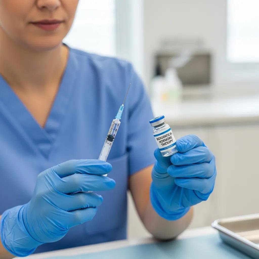 Healthcare professional holding a syringe and a vial labeled "bioidentical hormone therapy" in a clinical setting, emphasizing personalized hormone replacement therapy for improved vitality and longevity.