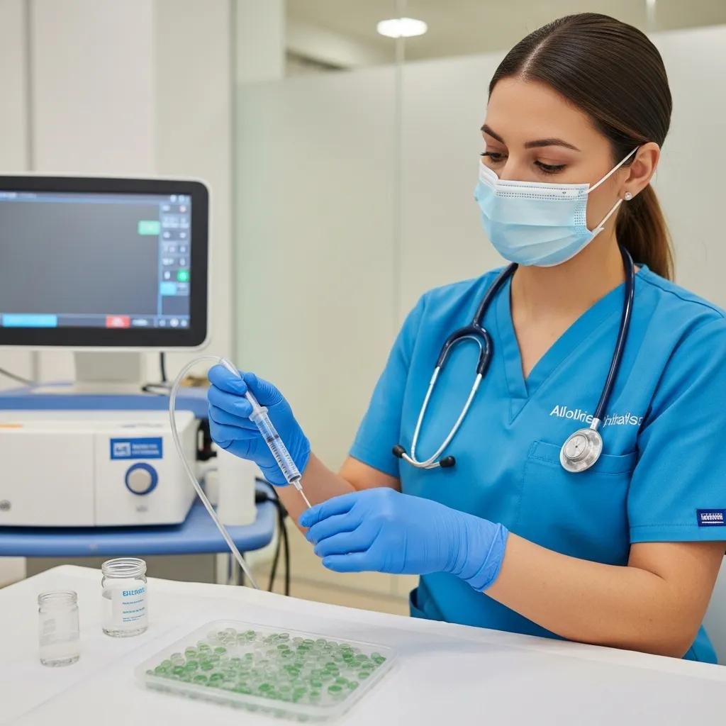Healthcare professional preparing stem cell therapy with a syringe in a modern medical facility, emphasizing regenerative joint treatment.