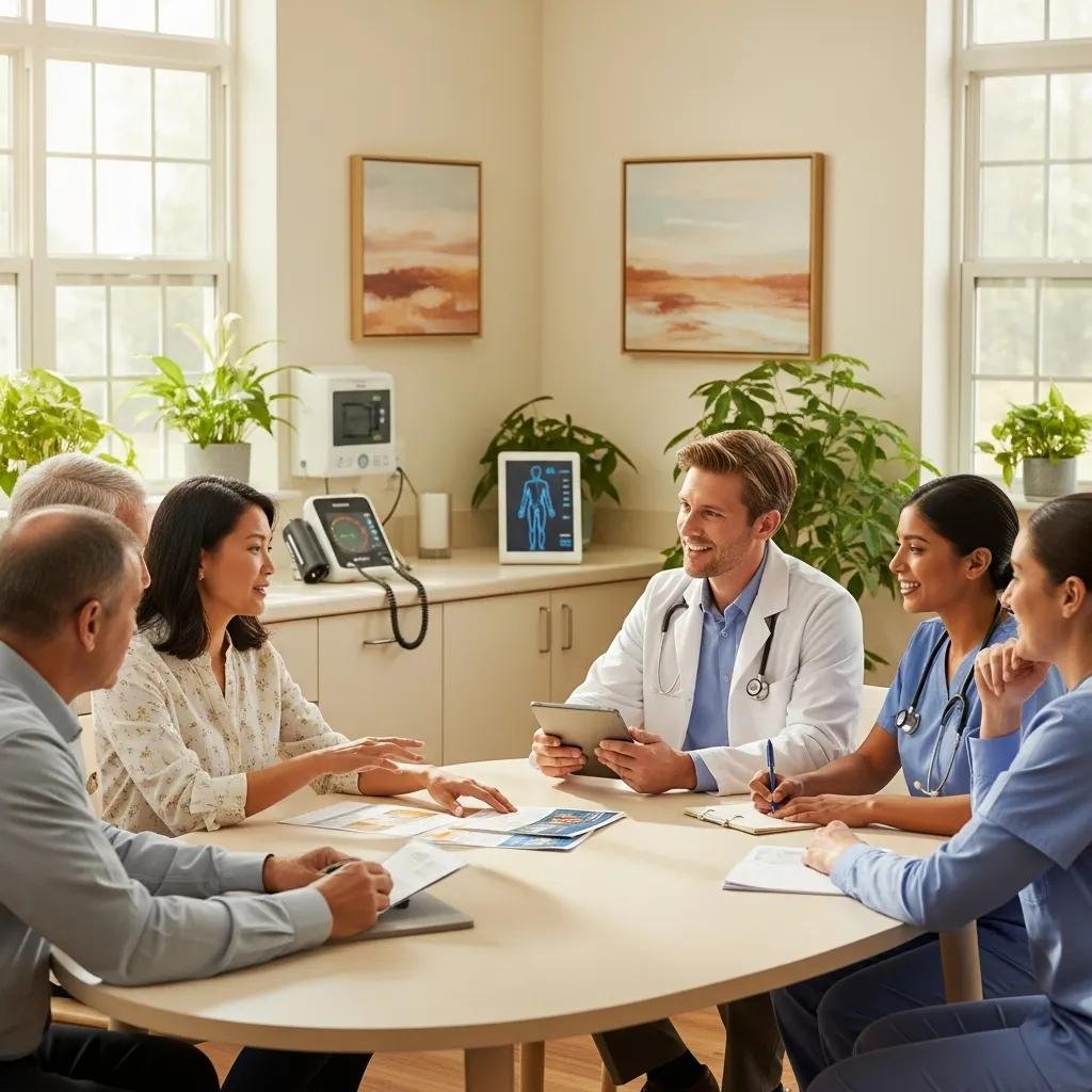 Healthcare professionals and patients discussing integrative long COVID treatment in a warm, inviting clinic