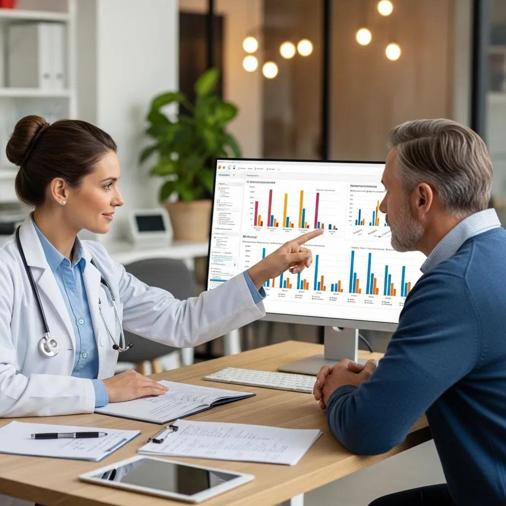 Healthcare provider discussing personalized bioidentical hormone therapy with a patient, pointing at hormone level graphs on a computer screen.