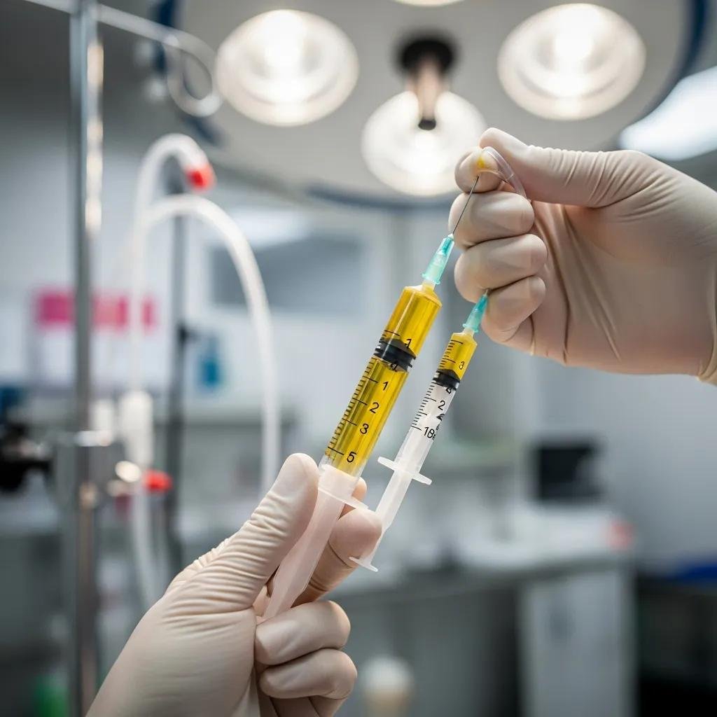 Clinician preparing a platelet-rich plasma (PRP) injection at a treatment station