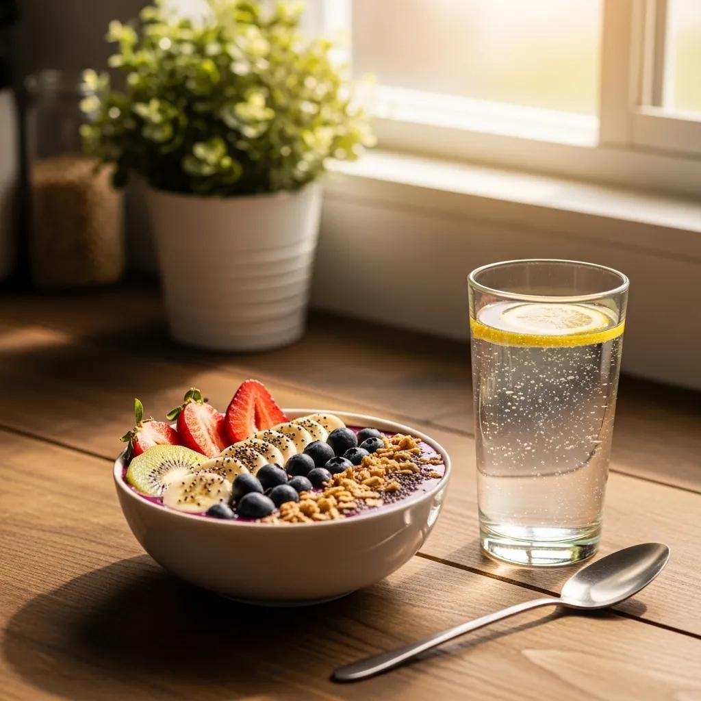 Healthy breakfast setup featuring a smoothie bowl topped with banana, strawberries, kiwi, blueberries, and granola, accompanied by a glass of lemon-infused sparkling water, symbolizing energizing morning routines for holistic wellness.