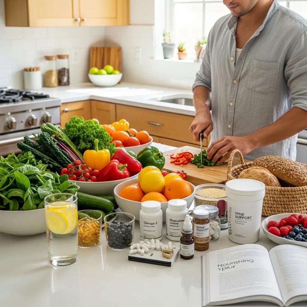 Healthy foods and supplements arranged on a kitchen counter to illustrate holistic spinal health