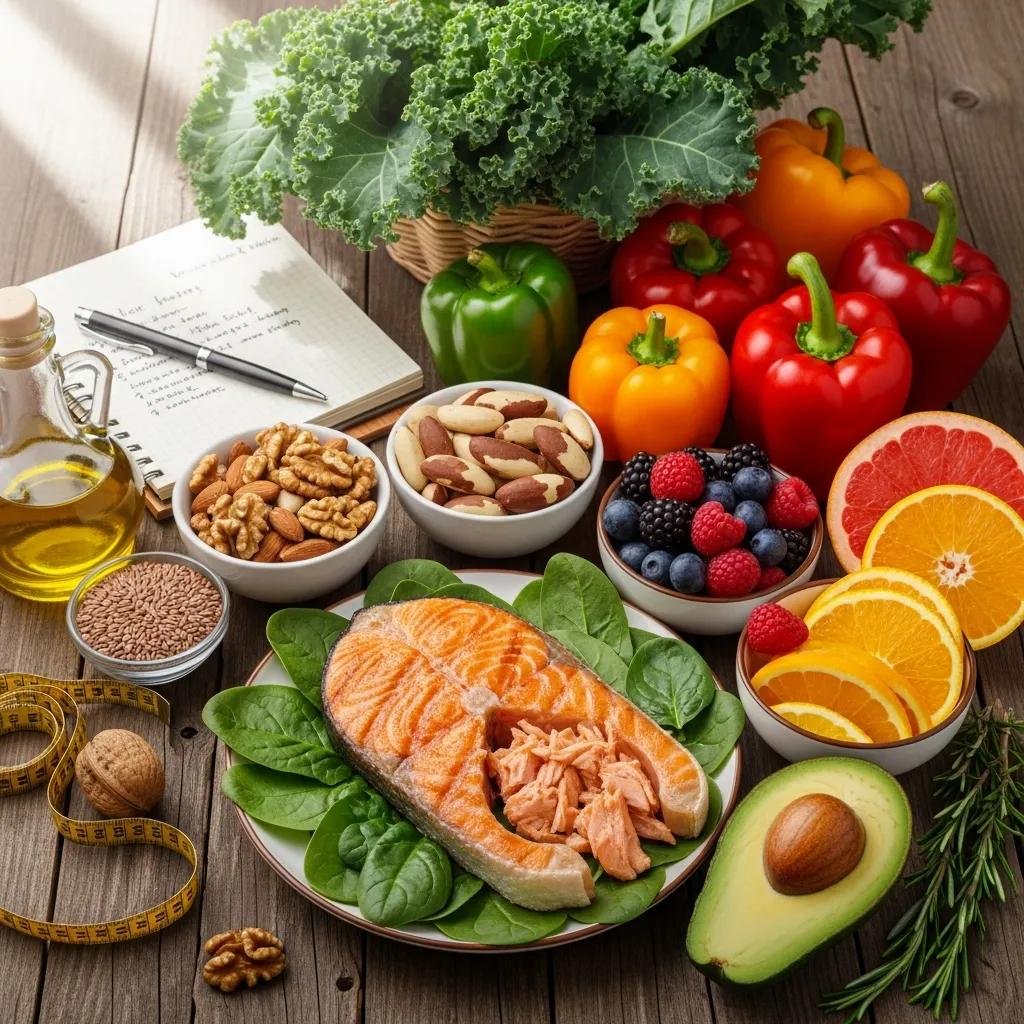 Healthy foods including salmon, avocados, nuts, berries, and colorful vegetables on a wooden table, emphasizing nutrition's role in hair health and restoration.
