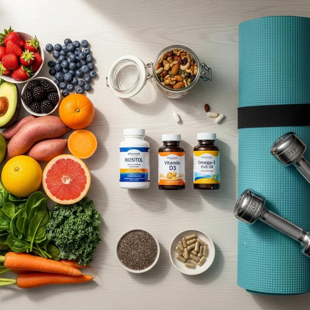Healthy foods, dietary supplements including Inositol, Vitamin D3, Omega-3 Fish Oil, exercise equipment, and a yoga mat, representing integrative therapies for PCOS management and lifestyle optimization.