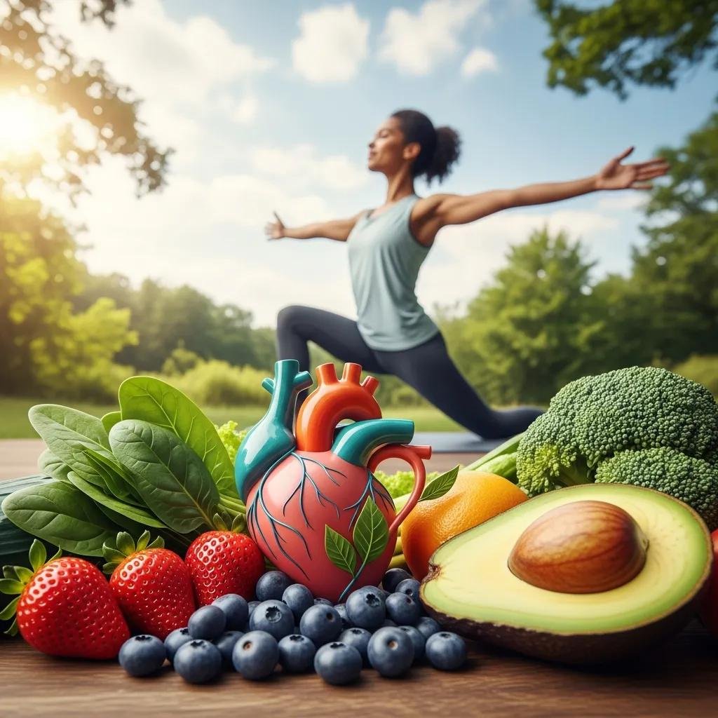 Healthy lifestyle elements for heart disease prevention including fruits, vegetables, and exercise