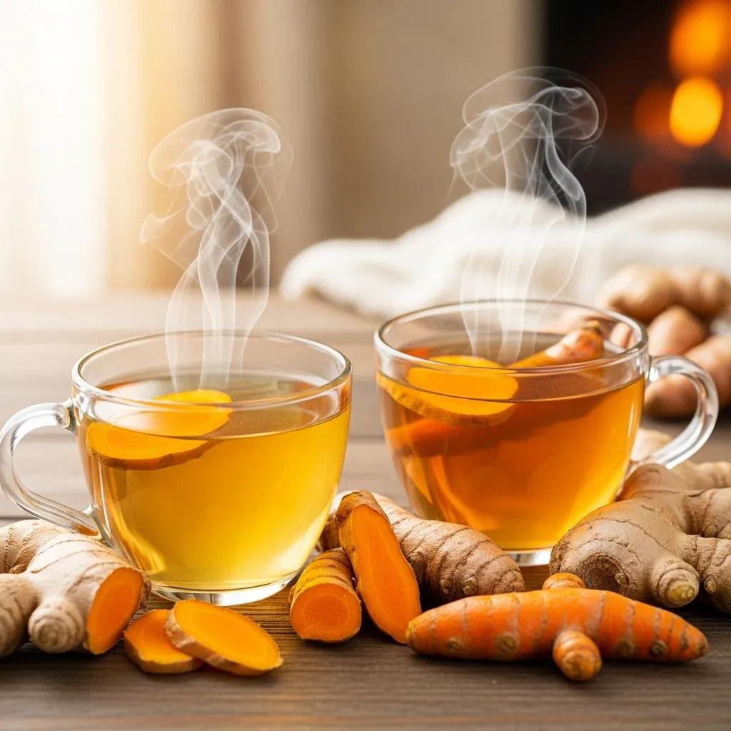 Ginger and turmeric teas presented in cups, illustrating anti-inflammatory and pain-relief herbs.