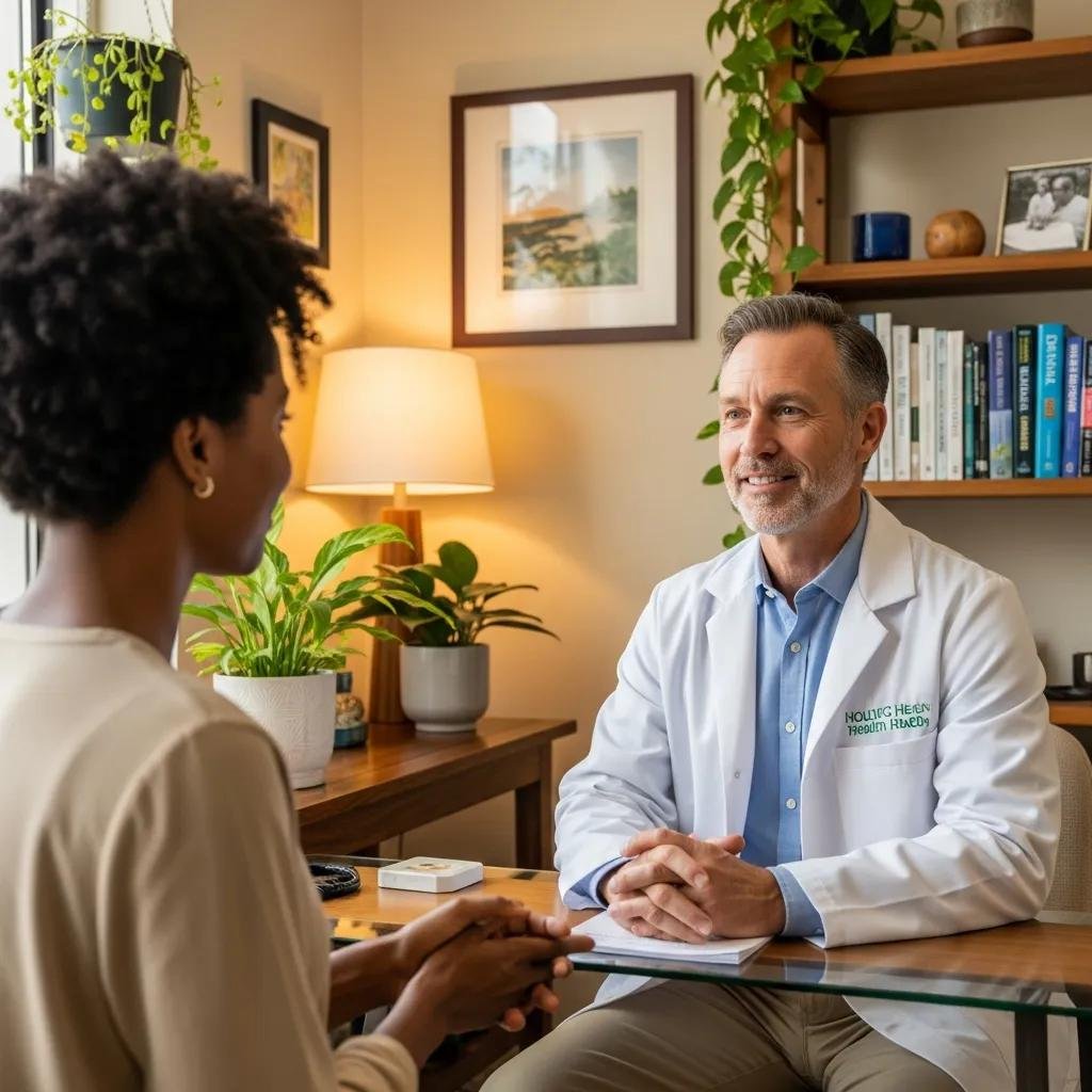 Holistic doctor consulting with a patient in a warm office setting