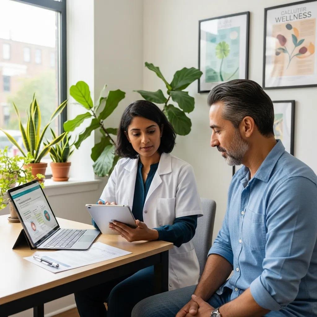 Holistic health practitioner discussing individualized treatment options with a patient in a wellness-focused office setting.