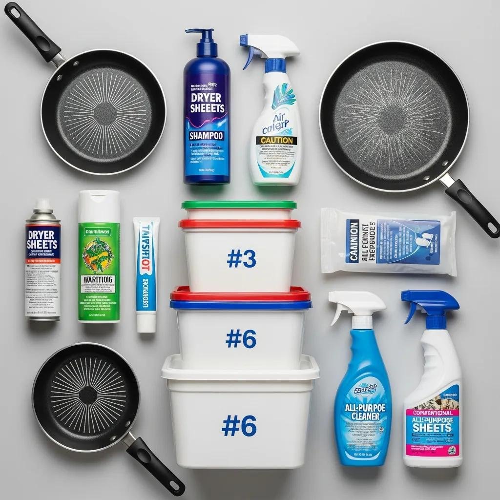 Household items including nonstick cookware, cleaning sprays, shampoo, and dryer sheets, highlighting potential harmful chemicals and toxins.