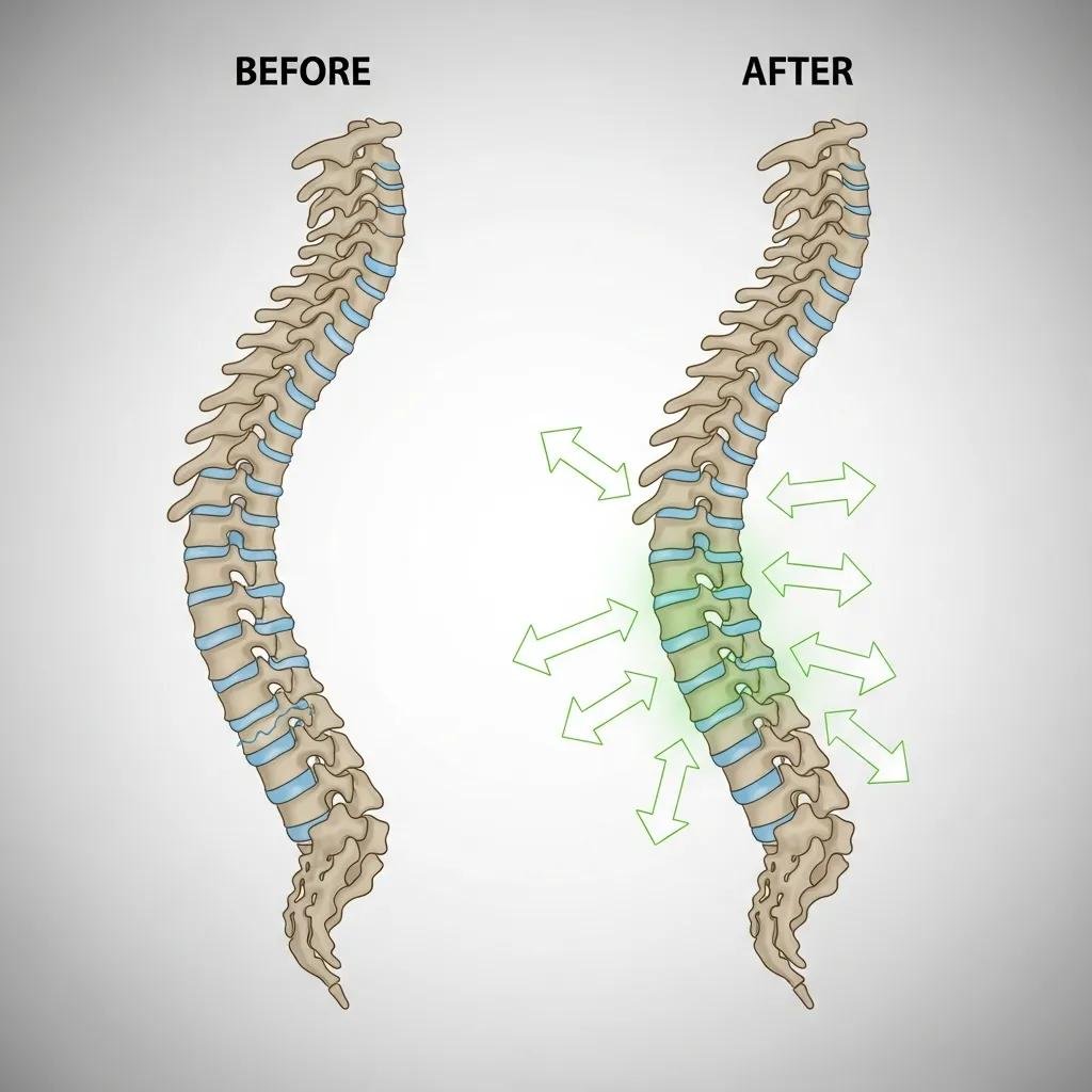 Illustration of a human spine showing improved alignment and mobility after chiropractic adjustments