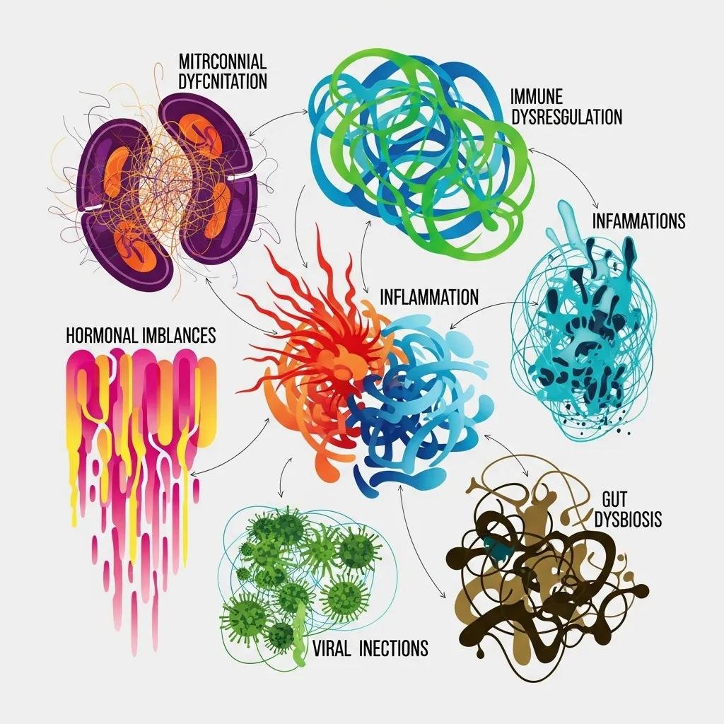 Diagram showing root causes of chronic fatigue syndrome, emphasizing mitochondrial dysfunction and immune imbalance