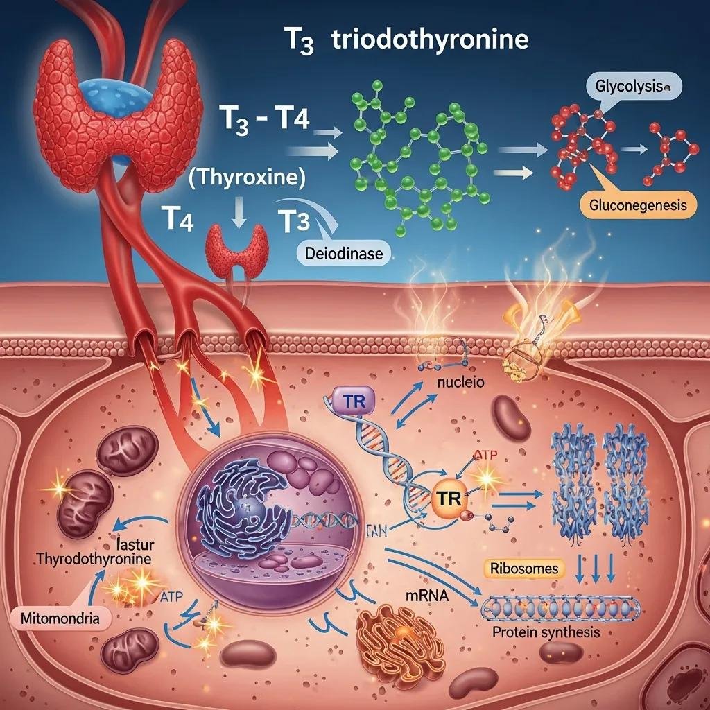 Graphic showing T3 and T4 molecules and their roles in the body