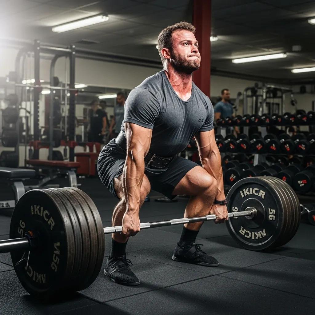 Individual performing a deadlift in a gym, showcasing strength training benefits for muscle mass and metabolism, with visible weights and gym equipment in the background.