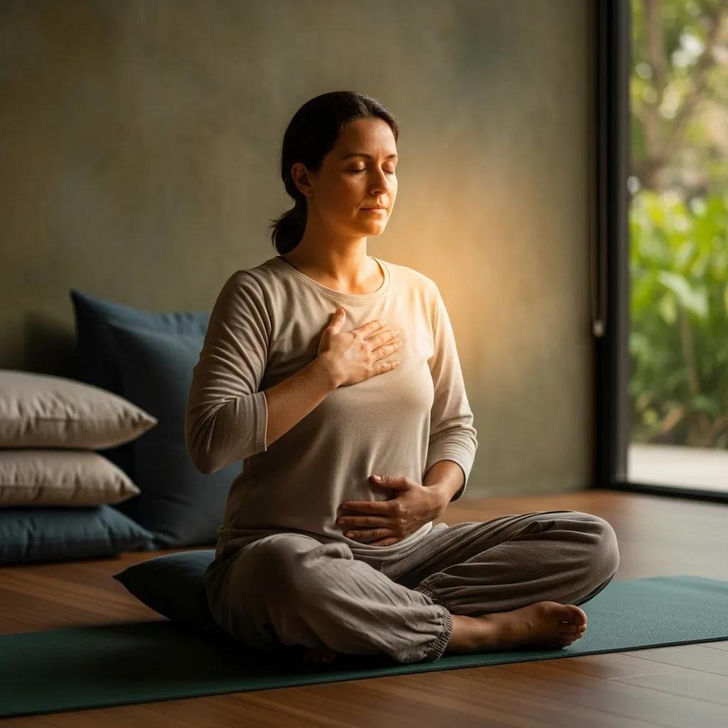 Individual practicing diaphragmatic breathing on a yoga mat, promoting relaxation and improved sleep quality in a serene indoor setting.