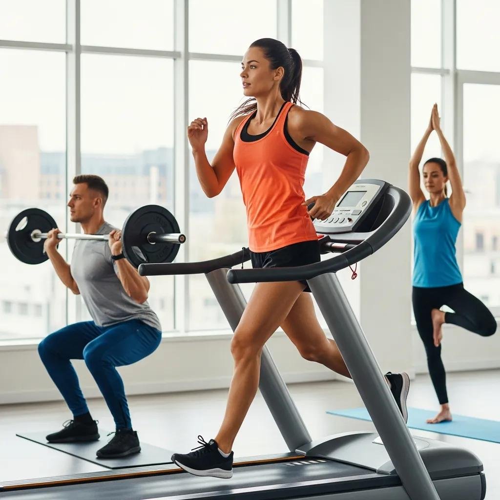 Individuals engaging in various exercises&mdash;running on a treadmill, lifting weights, and practicing yoga&mdash;demonstrating the diverse impact of different workouts on immune function and overall health.