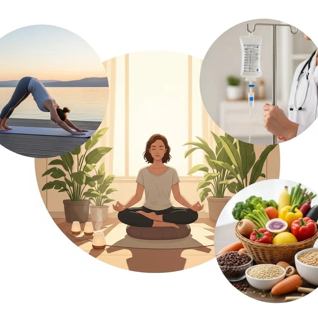 Meditation, yoga and whole-food nutrition representing integrative heart-health therapies