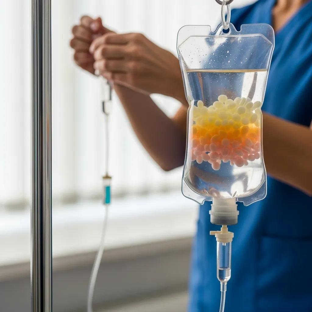Healthcare professional preparing intravenous nutrient delivery with an IV bag containing colorful nutrient solution, illustrating the Myers' Cocktail IV Therapy process.