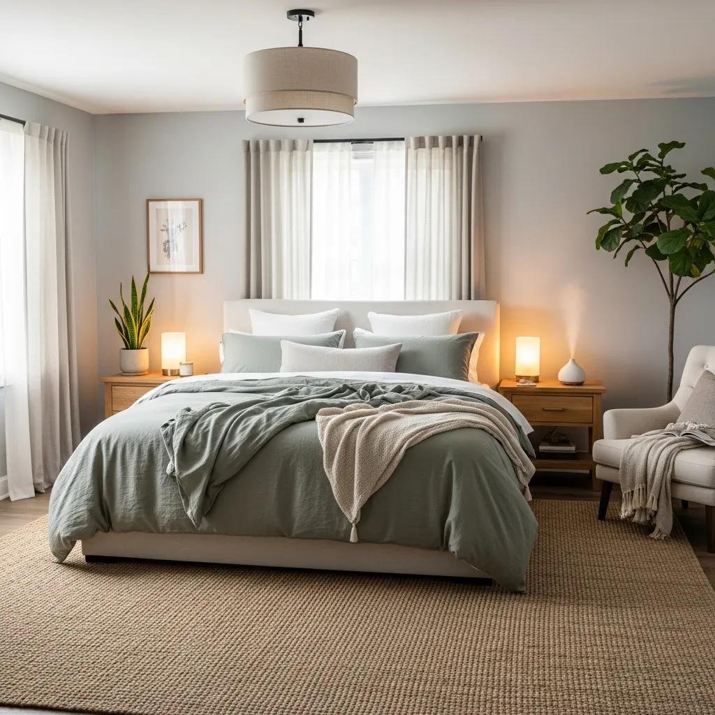 Inviting bedroom designed as a sleep sanctuary with calming decor and soft bedding