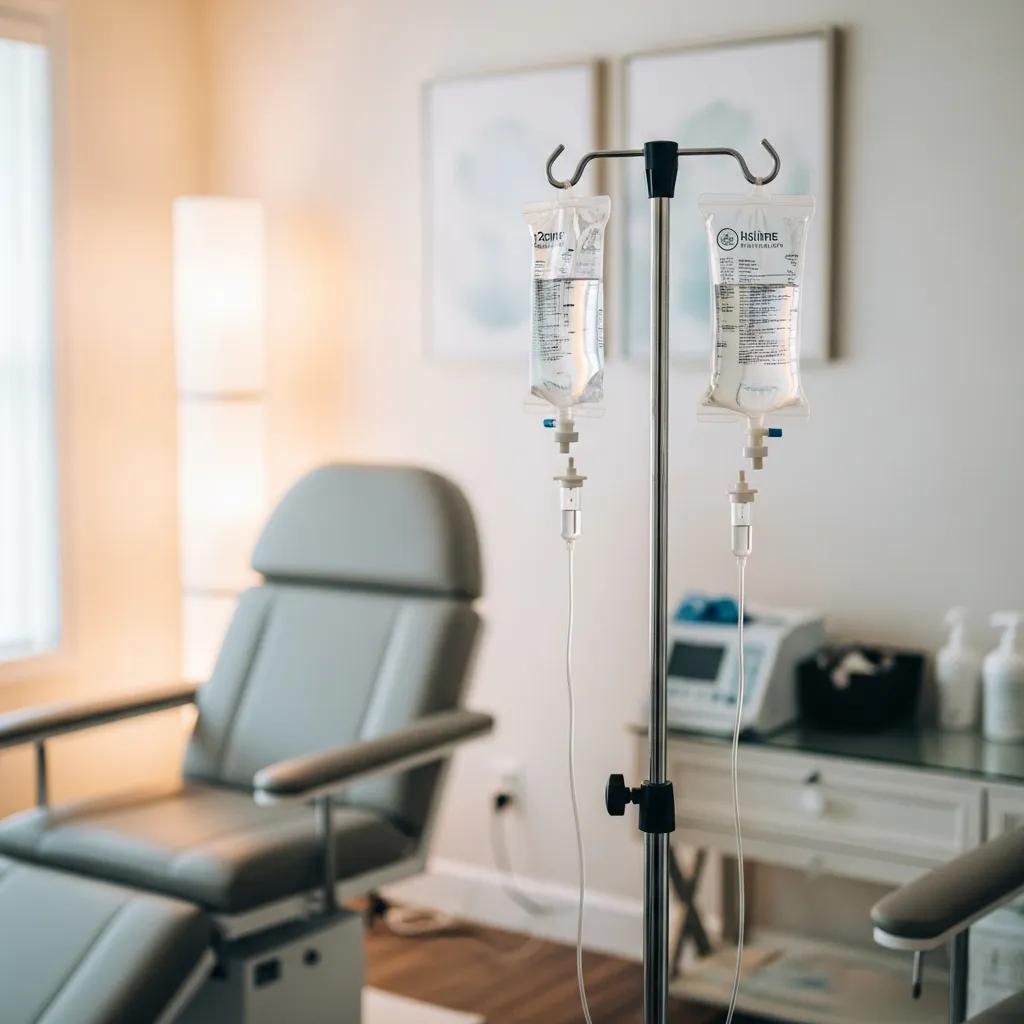 IV nutrient therapy setup in a calming clinic environment, highlighting the holistic health approach