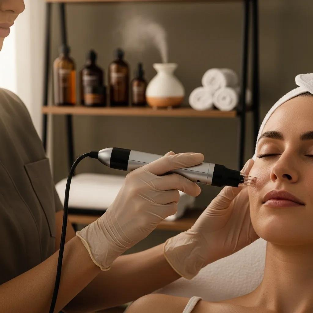 Microneedling treatment in a serene spa setting, highlighting the procedure's calming and rejuvenating aspects