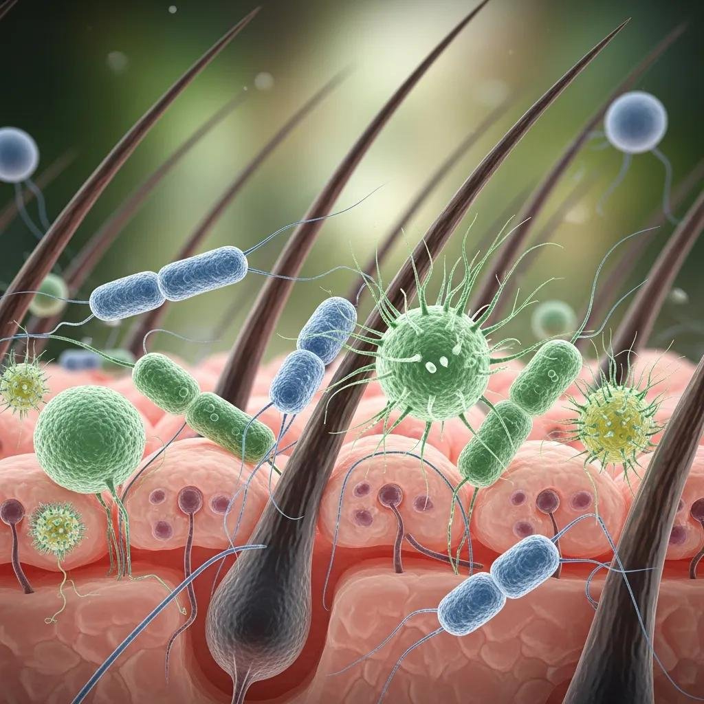 Microscopic view of healthy scalp microbiome with beneficial bacteria and fungi surrounding hair follicles, illustrating the balance essential for hair growth and scalp health.