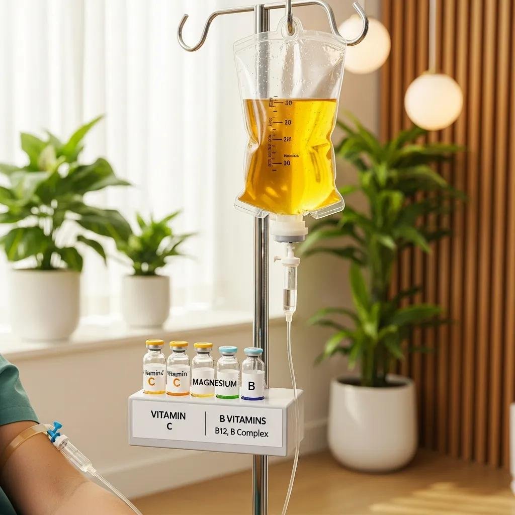 Myers Cocktail IV setup with vitamin C, magnesium, and B vitamins in a wellness clinic, highlighting hydration and energy support.