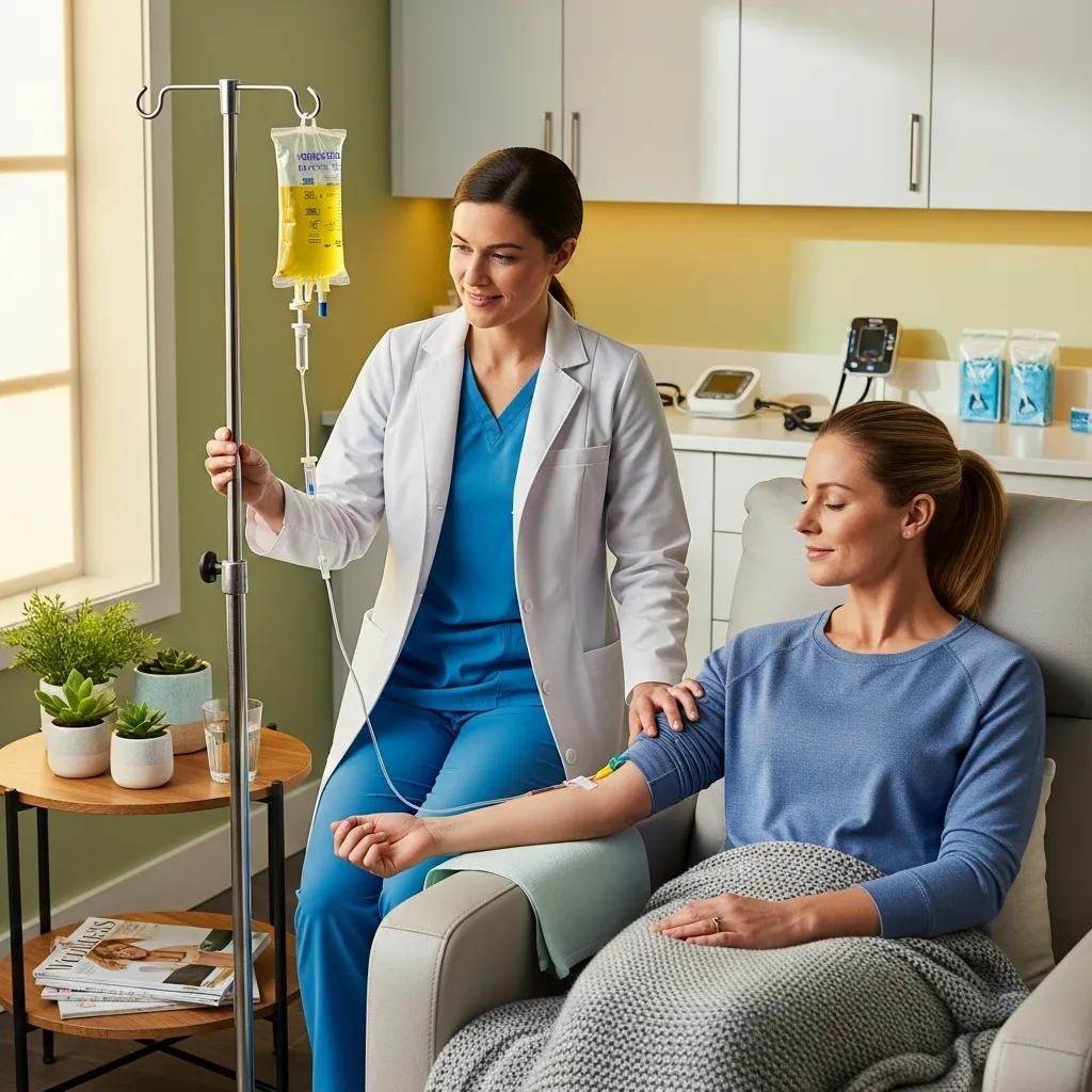 Nurse administering Myers' Cocktail IV Therapy to patient in a comfortable clinic setting, emphasizing holistic wellness and individualized care.