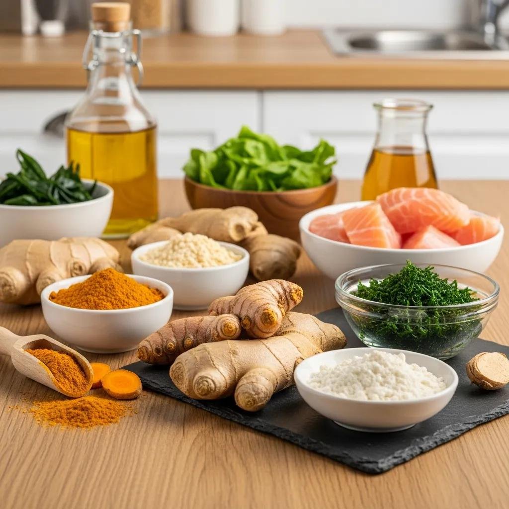 Natural anti-inflammatory ingredients including turmeric, ginger, and omega-3 sources arranged on a kitchen table